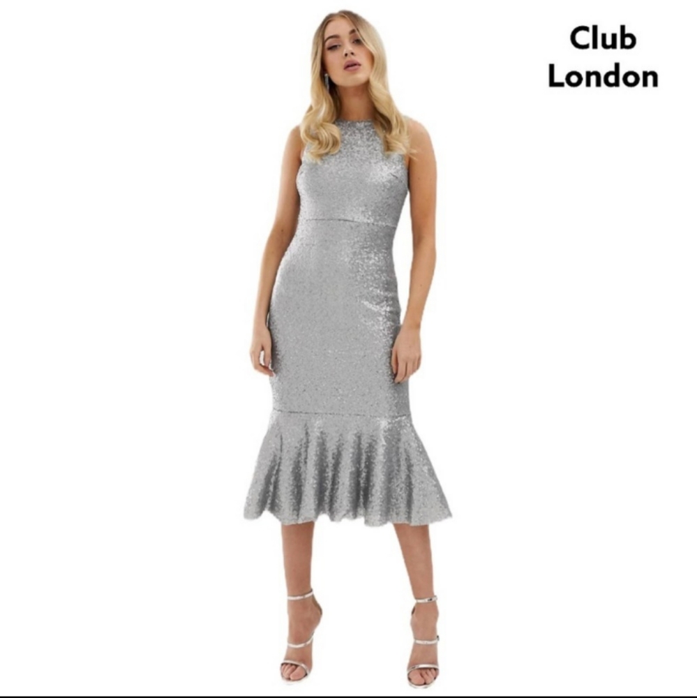 ASOS CLUB LONDON Metallic Silver Dress Size 10.